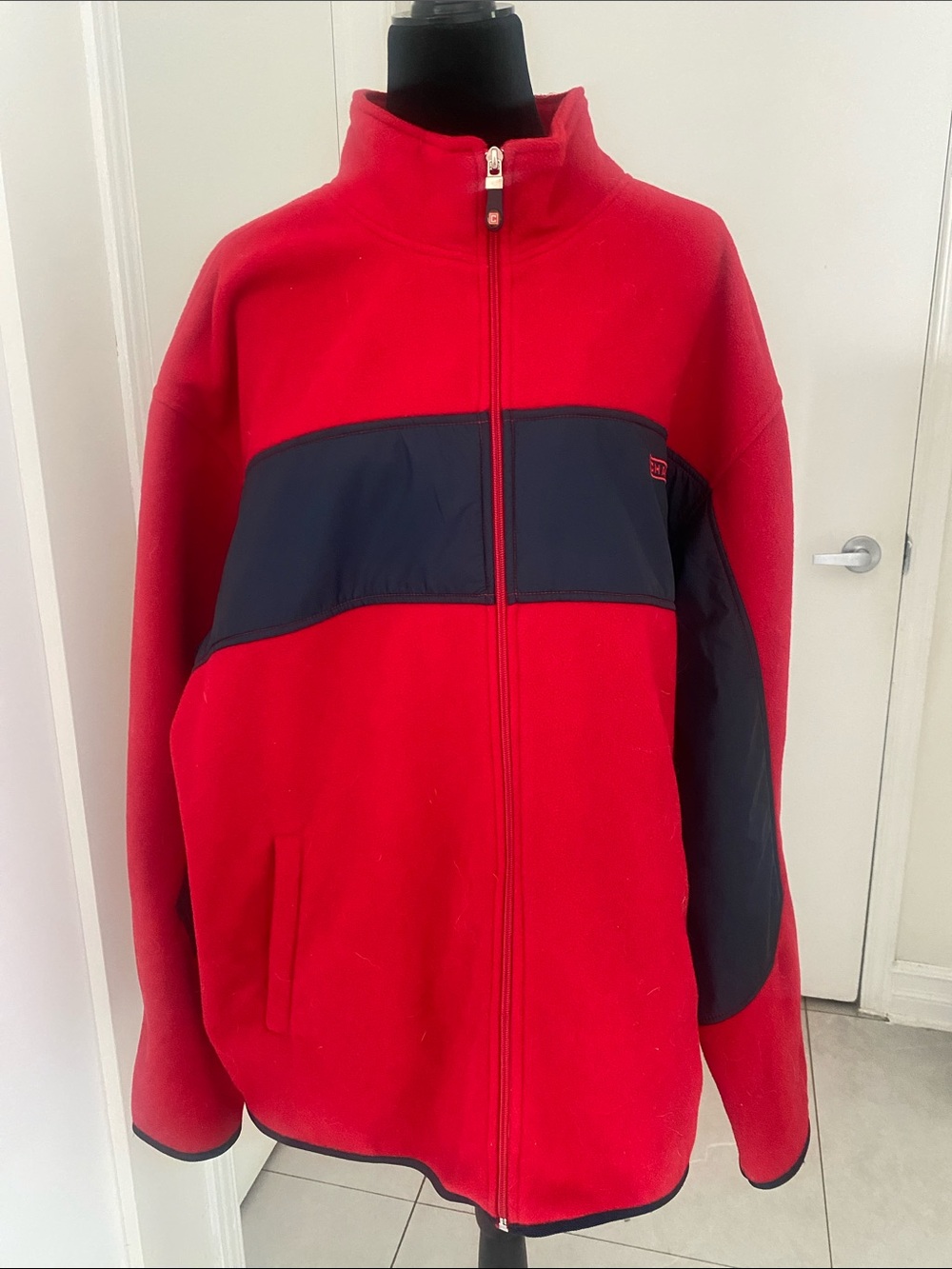 Chaps Unisex Red Cozy Cotton Fleece Jacket with Navy Chest Stripe Size X-Large